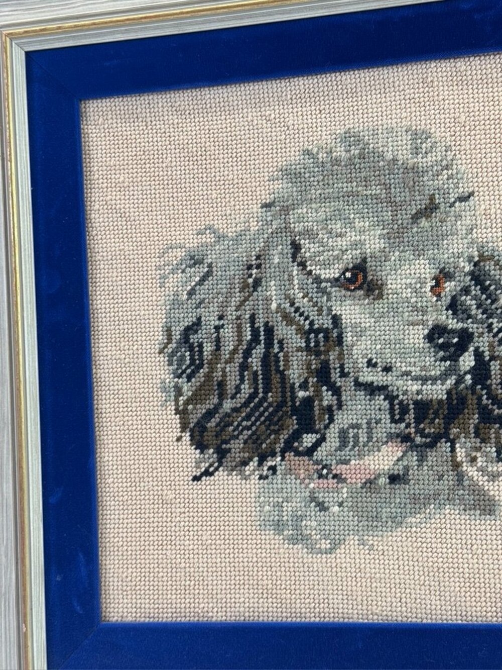 needlepoint blue velvet border grey poodle portrait picture frame hand stitched - Picture 2 of 11